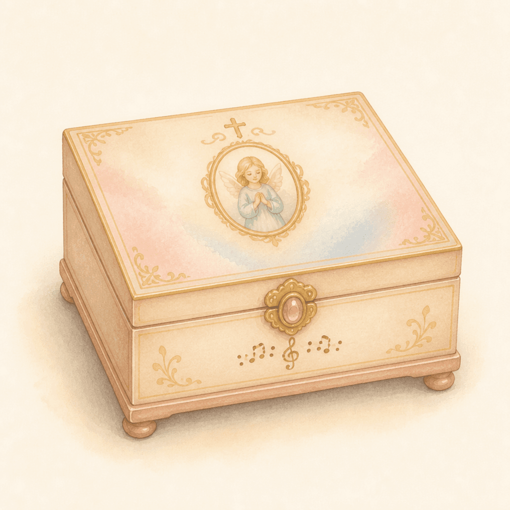 Watercolor concept preview of a faith-themed musical jewelry box with a soft angel medallion, cross, and music notes