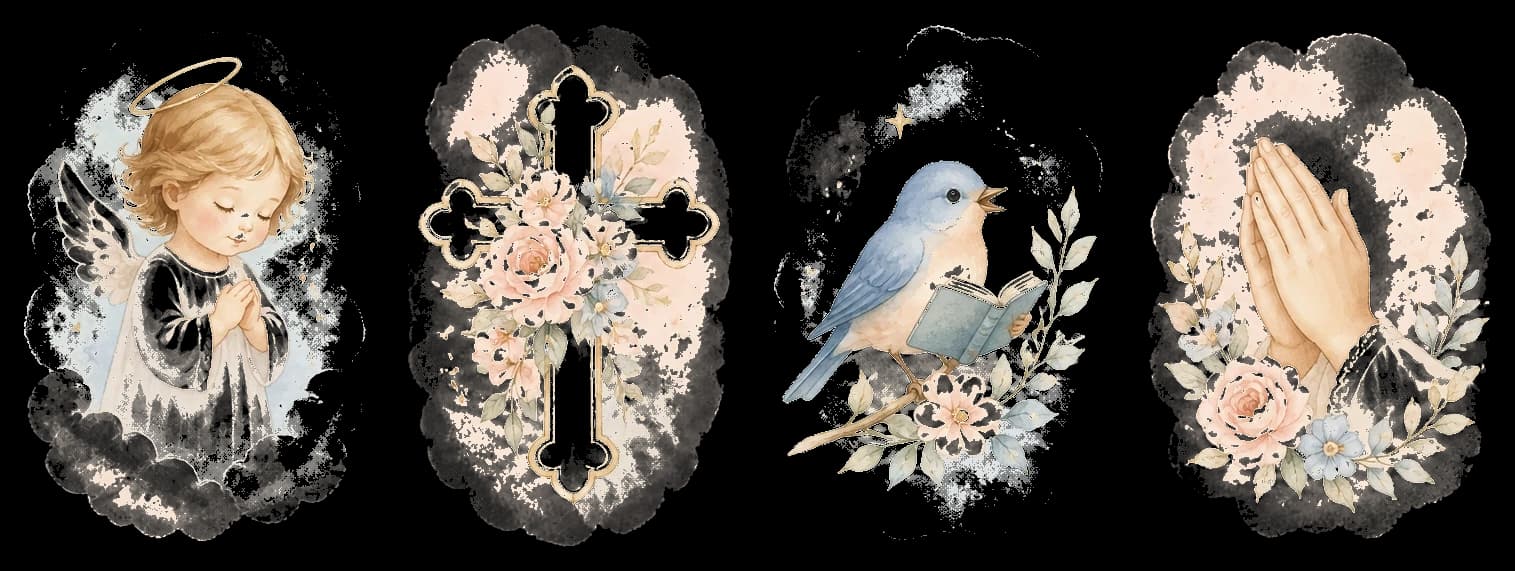 Watercolor motifs: angel, floral cross, songbird, and prayer hands