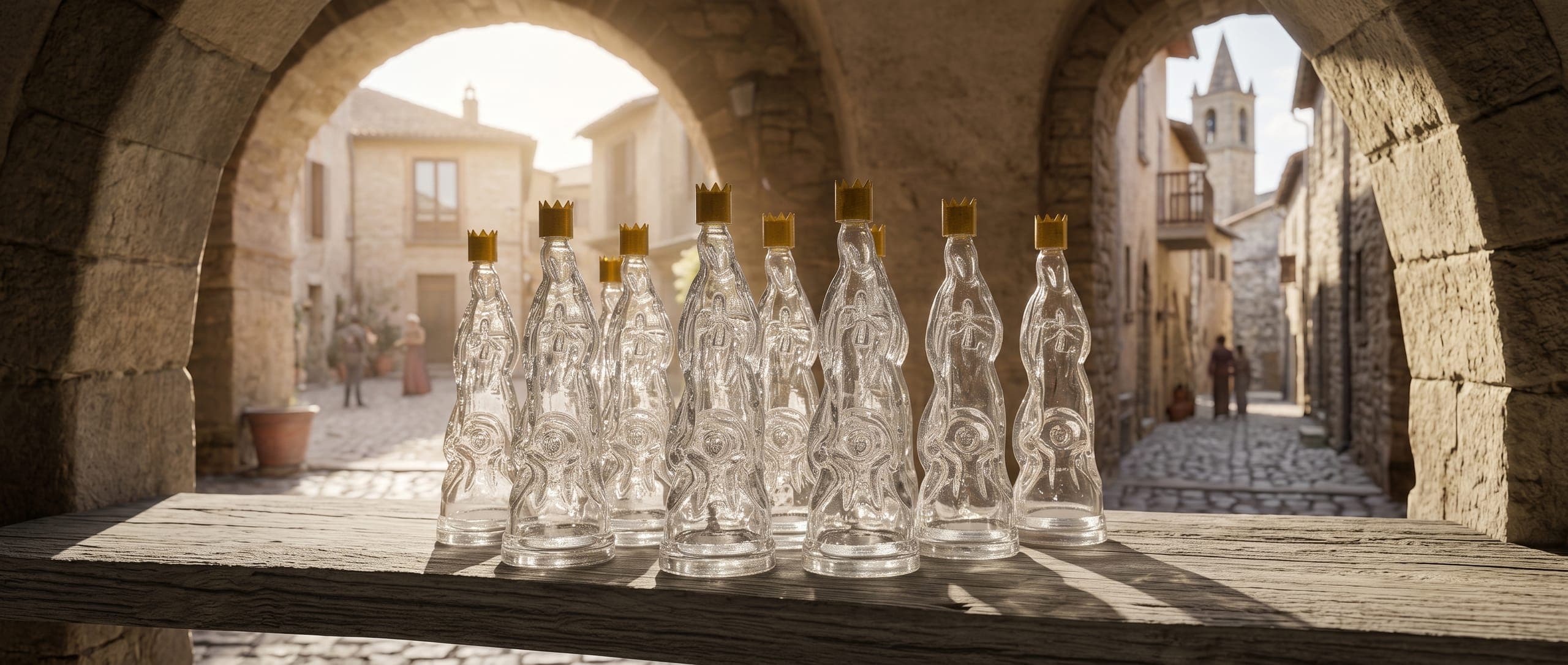 Glass bottles on a wooden ledge under a stone arch