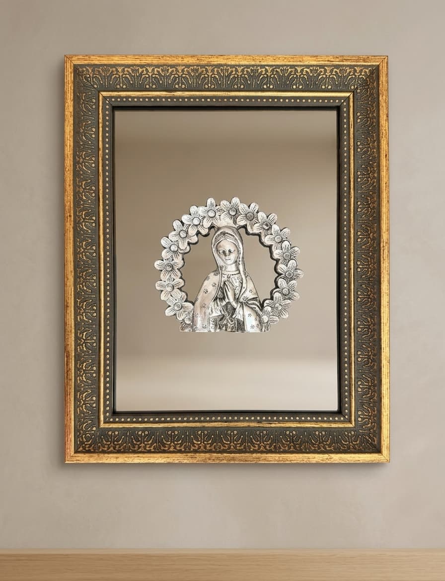 Ornate gold and silver Virgin Mary mirror with beaded trim and filigree frame